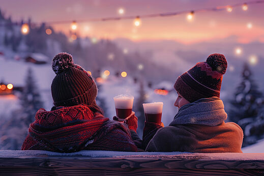 Koppel geniet van besneeuwd winterlandschap op camping CLICOCHIC Alpes Lodges in Pralognan la Vanoise (73).