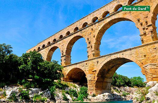 Pont du Gard, historic Roman aqueduct to visit near Nîmes, Occitania.