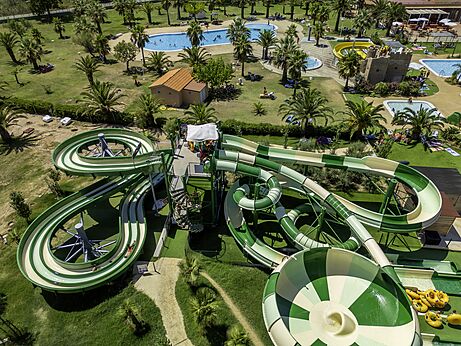 Water slides, swimming pools, aerial view at CAPFUN Aube campsite in Deltebre, Tarragona.