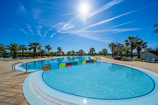 Au�enpool mit zwei Becken und Palmen auf dem Campingplatz CAPFUN Aube in Deltebre, Tarragona.