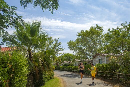 Deux personnes faisant du jogging sur un chemin verdoyant au camping CAPFUN Barbacane � NARBONNE (11).