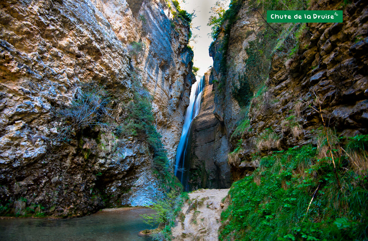 Impressive Chute de la Druise, natural waterfall in rocky gorge, near Marsanne.