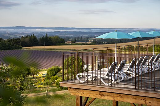 Panoramic view, chairs, umbrellas, terrace camping CLICOCHIC Bastets Marsanne.