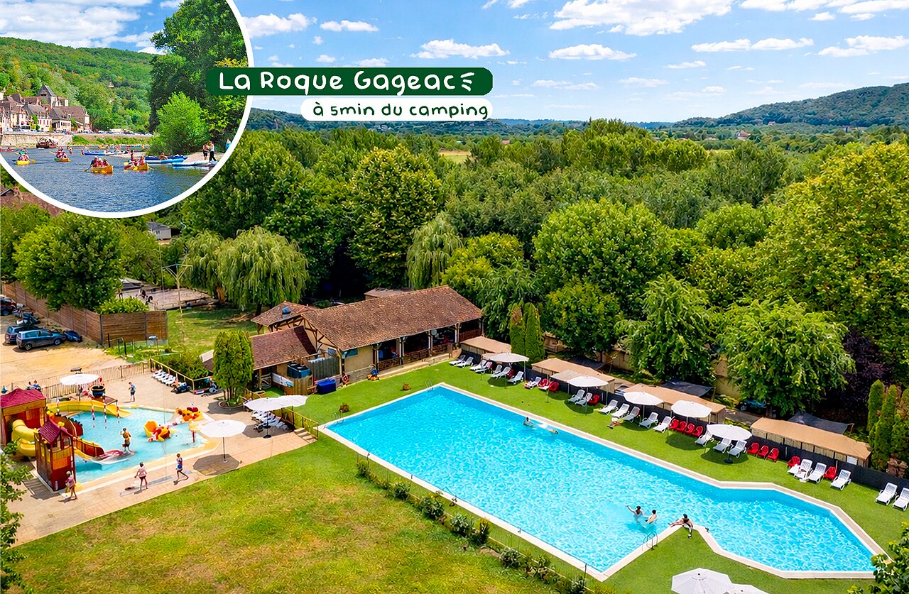 Outdoor swimming pool, water playground at camping CLICOCHIC Beau Rivage in LA ROQUE-GAGEAC (24).