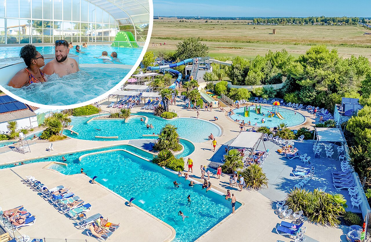 Au�enpools, Rutschen, Innen-Whirlpool auf dem Campingplatz VAGUES OCEANES Blancs Ch�nes.