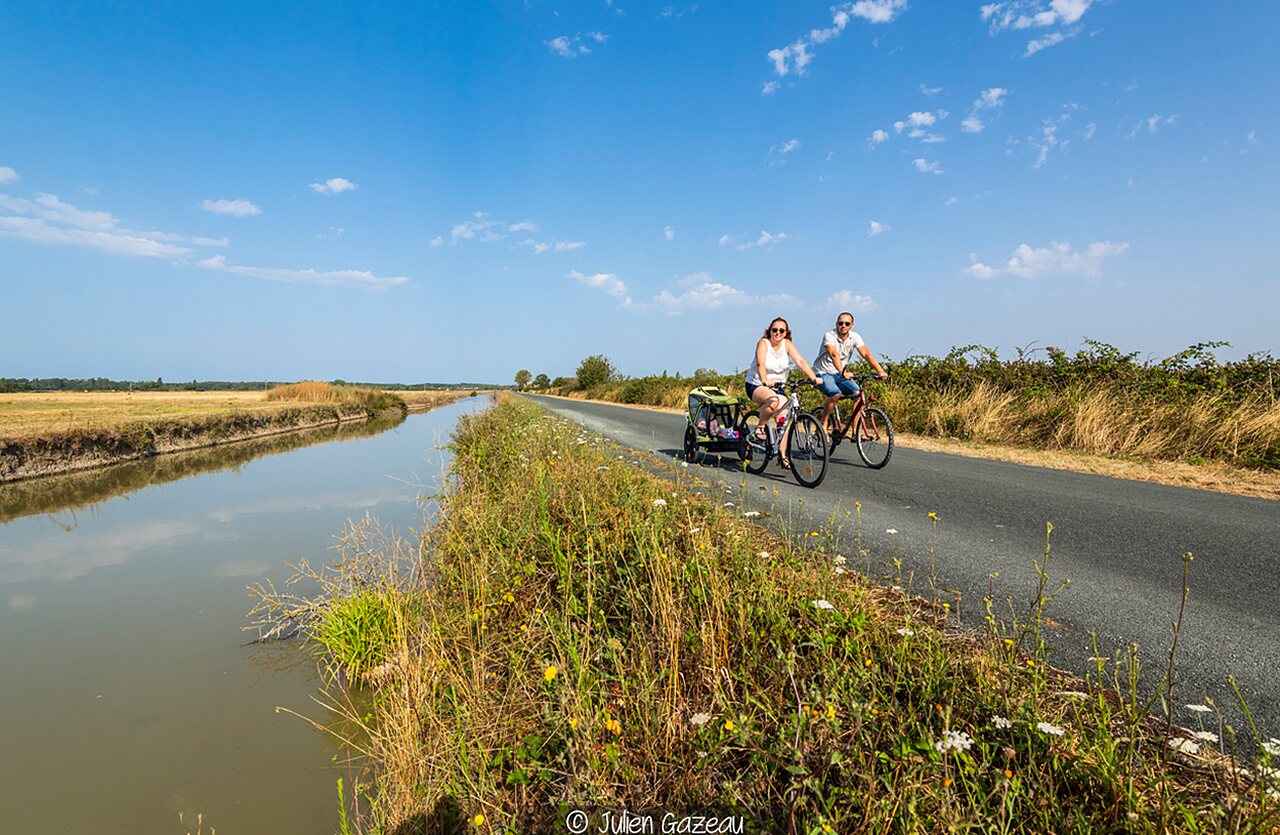 Paar beim Radfahren mit Anh�nger auf Campingplatz VAGUES OCEANES Blancs Ch�nes.