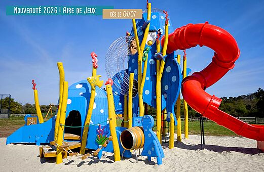 Underwater themed playground with slide at VAGUES OCEANES Boudigau campsite, LABENNE OCEAN.