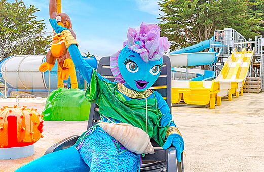 Campingmaskottchen bei Wasserrutschen auf dem Campingplatz CLICOCHIC Brandais in Brem sur Mer.