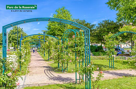 All�e fleurie avec arches de roses au Parc de la Roseraie, proche du camping.
