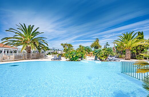 Zonnig buitenzwembad met palmbomen op camping CLICOCHIC Cabanes d Ol�ron in ST GEORGES D'OLERON