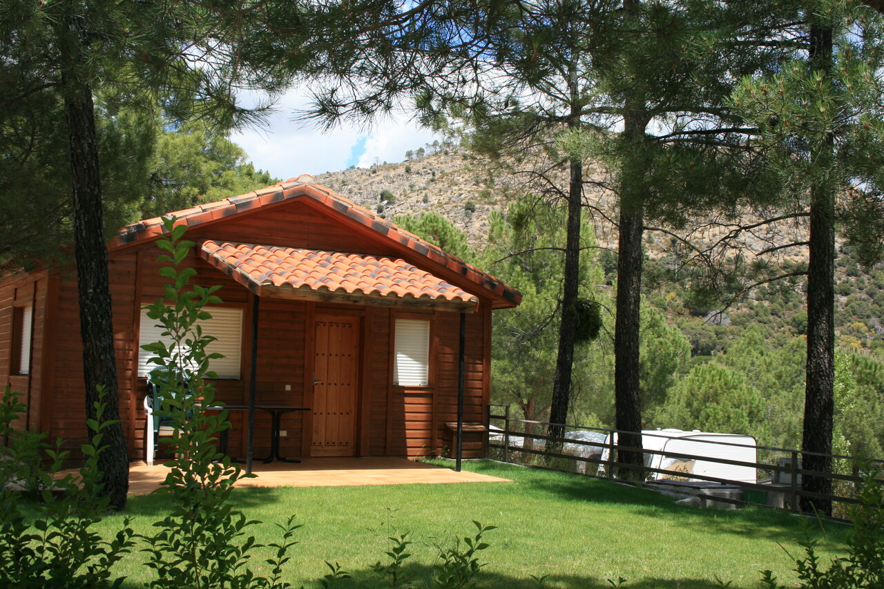 Chalet de madera, terraza, c�sped, pinos, camping CAPFUN El Canto La Gallina Valdemaqueda (Madrid).