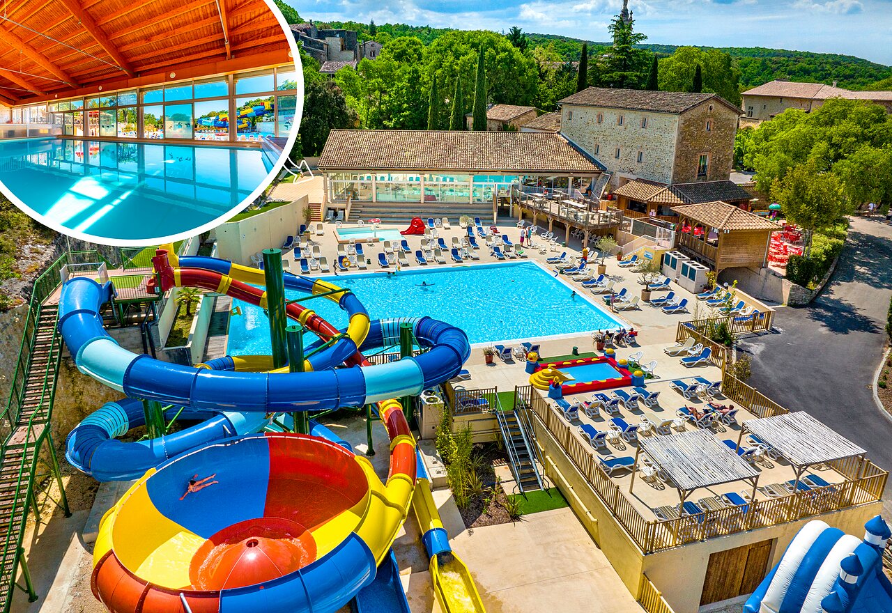 Toboggans aquatiques g�ants, piscines ext�rieure et int�rieure au camping CLICOCHIC Ch�teau de Boisson � All�gre-les-Fumades (30).