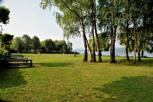 Grand espace vert arboré avec tables de pique-nique au bord du lac au camping CAPFUN Citta di Angera à Angera VA (21).