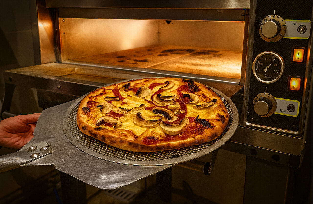 Pilz- und K�sepizza frisch aus dem Ofen auf dem Campingplatz CLICOCHIC Couteli�re in Lagnes (84).