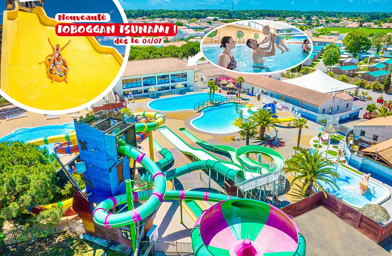 Wasserpark mit riesigen Rutschen und Pools auf dem Campingplatz CAPFUN Curty's in Jard sur Mer (85).