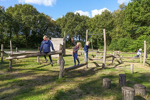 Kinder spielen auf h�lzernem Abenteuerparcours auf Campingplatz CAPFUN De Eikenhof Paasloo/Oldemarkt.