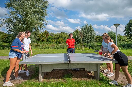 Jugendliche spielen Tischtennis im Freien auf Camping CAPFUN De Rotonde in Enspijk.