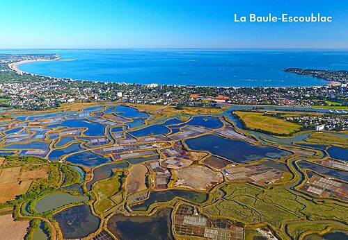 Aerial view of salt marshes and coastline of La Baule-Escoublac, Loire-Atlantique.
