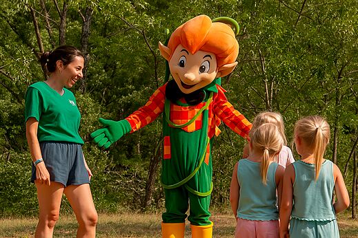 Campingmaskottchen unterhält Kinder auf dem Campingplatz CLICOCHIC Eyrieux.