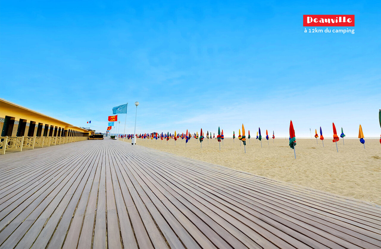 Planches von Deauville und bunte Sonnenschirme, Ausflugsziel nahe dem Campingplatz.
