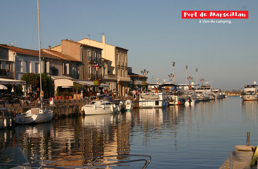 Yachthafen von Marseillan mit Booten und belebten Terrassen, H�rault, Occitanie.