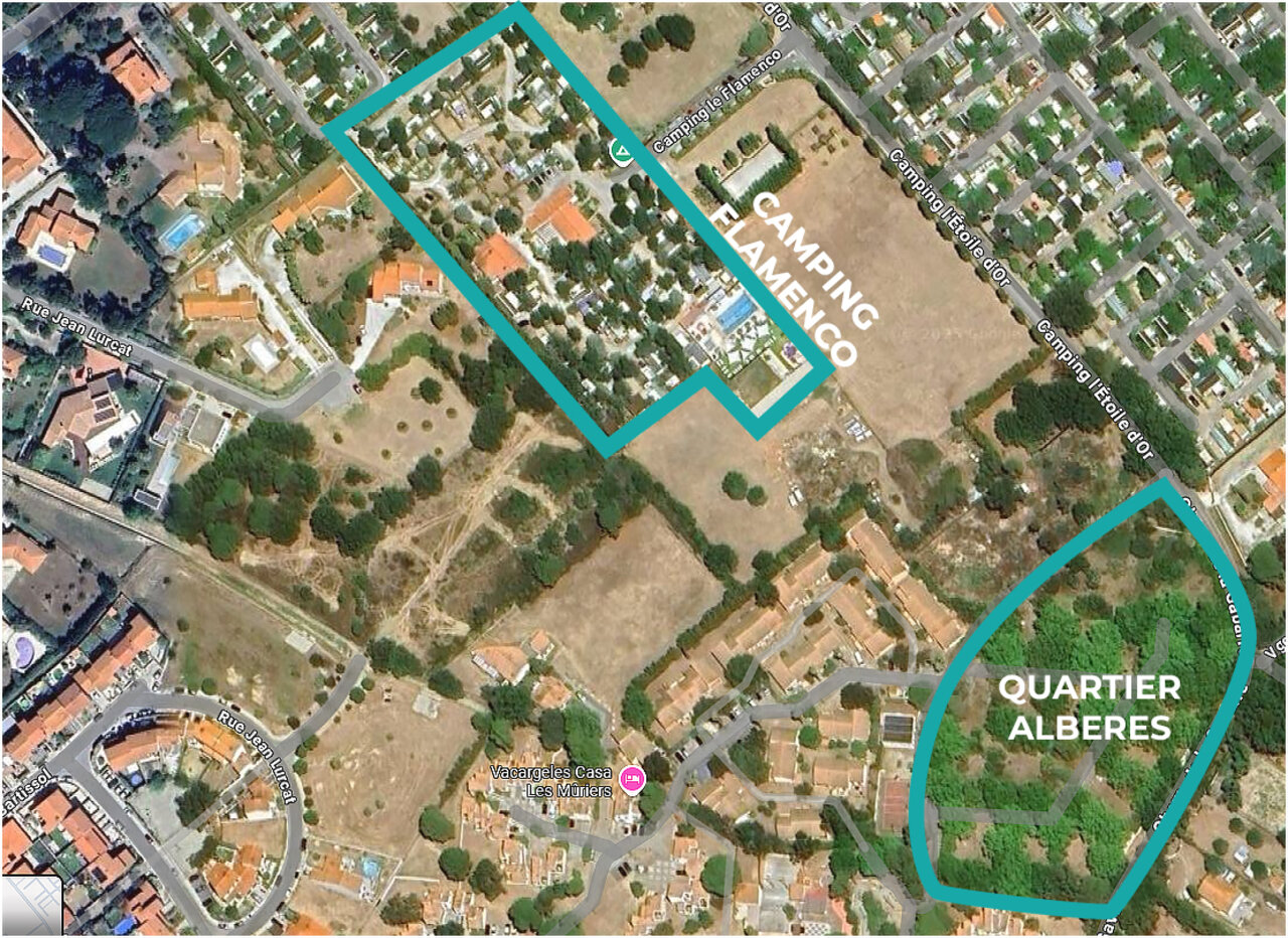 Carte a�rienne d�taill�e du camping Flamenco, agencement des parcelles et infrastructures au camping VAGUES OCEANES Au Flamenco � Argel�s-sur-Mer (66).