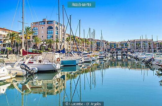 Lebhafter Yachthafen von Argelès-sur-Mer mit Booten und Gebäuden.