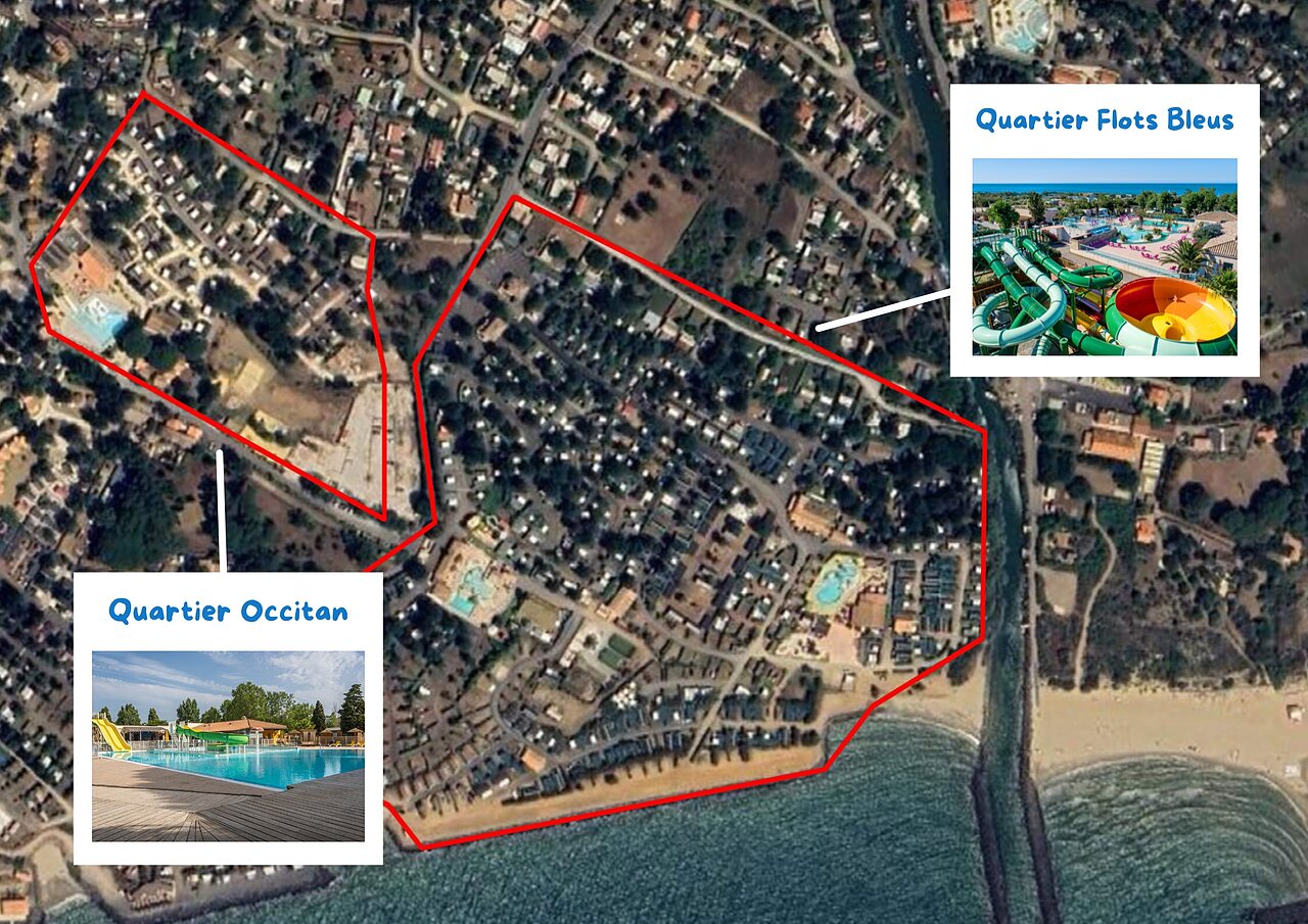 Luftaufnahme des Campings mit Pools und Wasserrutschen, CAPFUN Flots Bleus in VIAS PLAGE (34).