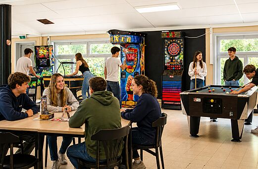 Salle de jeux avec billard, flipper et bornes d'arcade au camping CAPFUN Fort Bedmar à Sint-Gillis-Waas