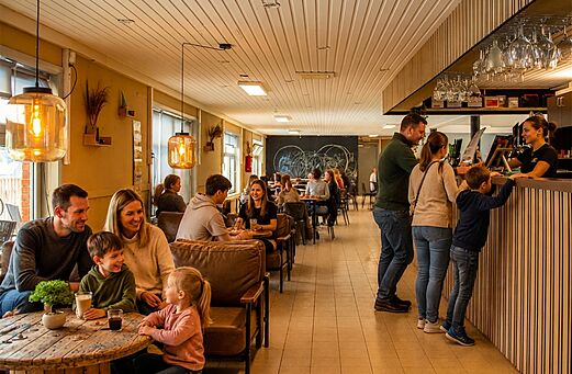 Familles profitant du restaurant et du bar au camping CAPFUN Fort Bedmar à Sint-Gillis-Waas.