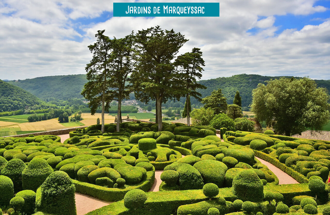 Marqueyssac Gardens, hanging gardens and sculpted boxwood in Dordogne, France.