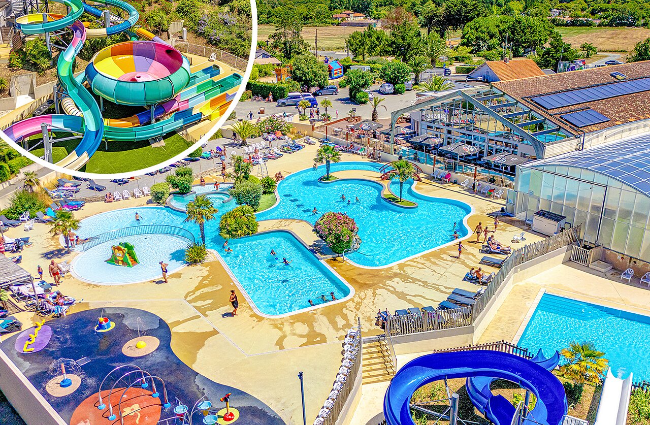 Waterpark, reuzenglijbanen, zwembaden, waterspelen op camping VAGUES OCEANES Grosses Pierres.