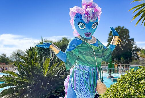Blaues Meerjungfrau Maskottchen auf Camping VAGUES OCEANES Grosses Pierres in Saint-Georges-d'Ol�ron.