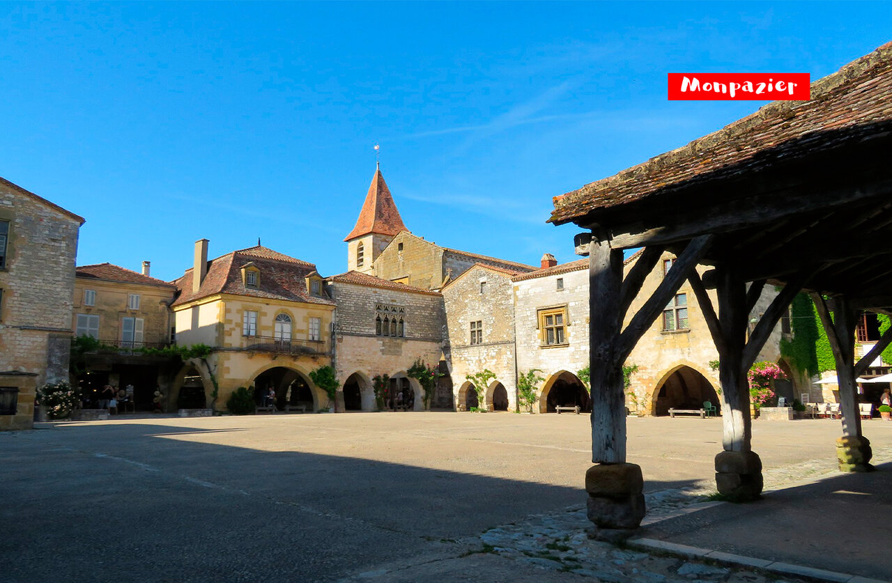 Central square of the medieval bastide town of Monpazier in Dordogne, France.