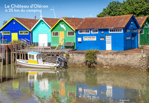 Bunte Austernhütten am Hafen von Le Château d'Oléron, Insel Oléron.