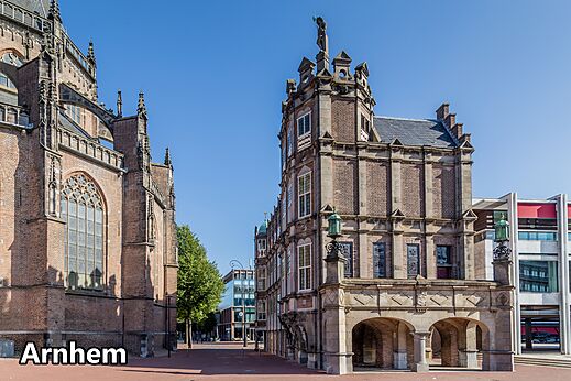 Historic buildings and old architecture in the city of Arnhem, Netherlands.