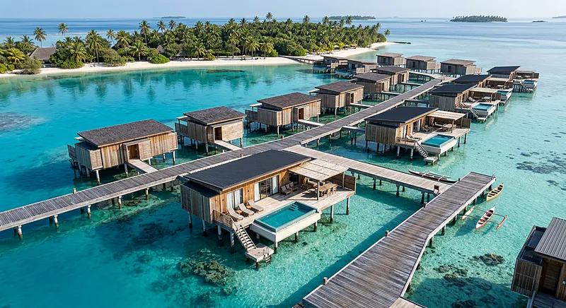 Mobil-homes auf Stelzen mit privaten Pools, tropischer Strand auf Camping CAPFUN Joe Cook Island.