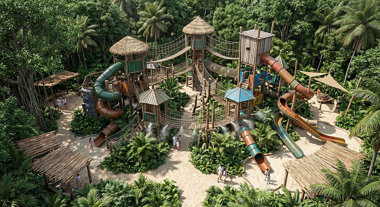 Gro�er tropischer Spielplatz mit Rutschen und H�ngebr�cken auf dem Campingplatz CAPFUN Joe Cook Island.