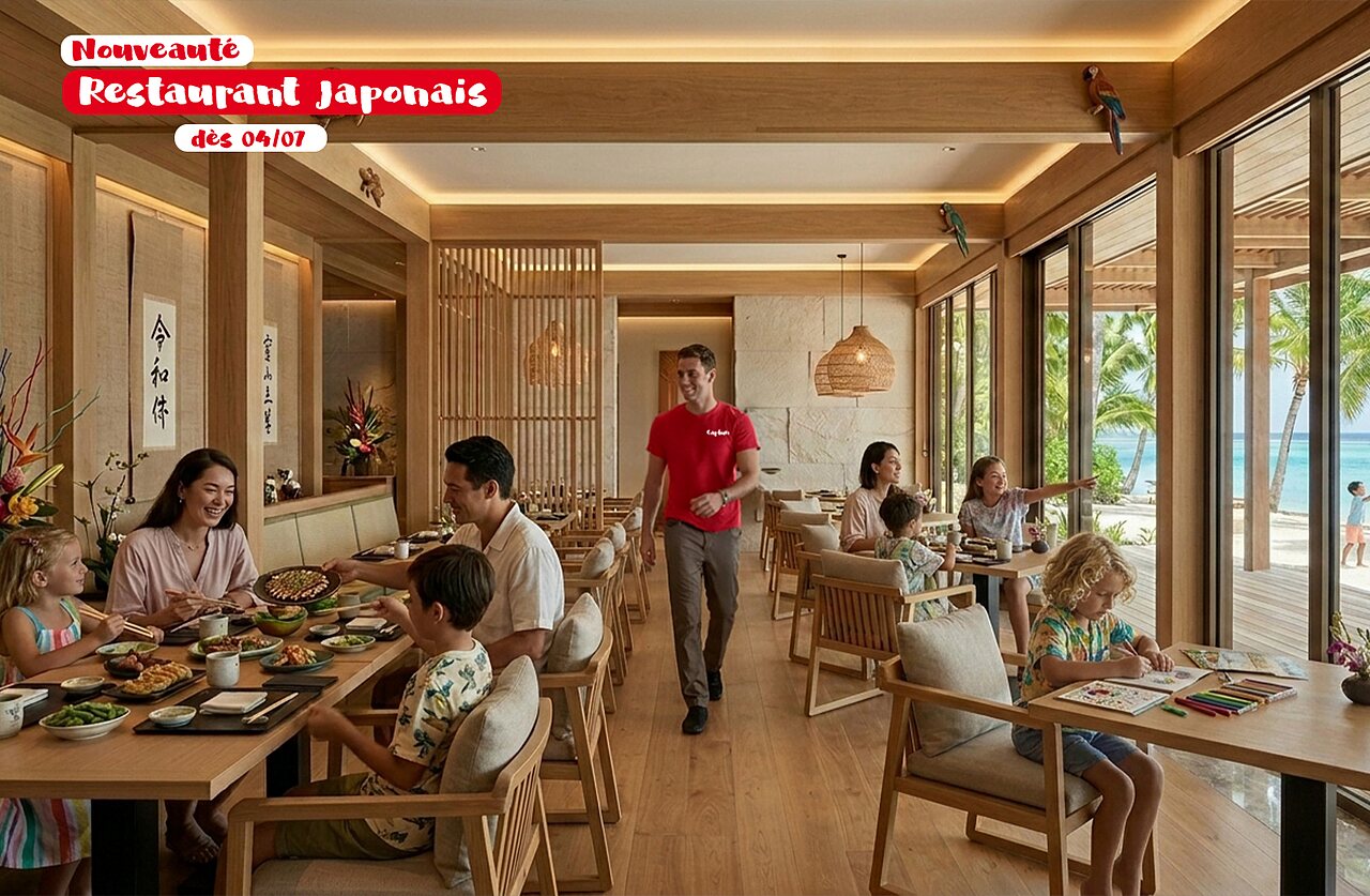 Modernes japanisches Restaurant, Familien speisen, Meerblick auf dem Campingplatz CAPFUN Joe Cook Island.