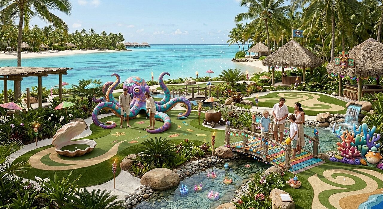 Tropischer Minigolfplatz mit Riesenkrake und Strand am Camping CAPFUN Joe Cook Island.