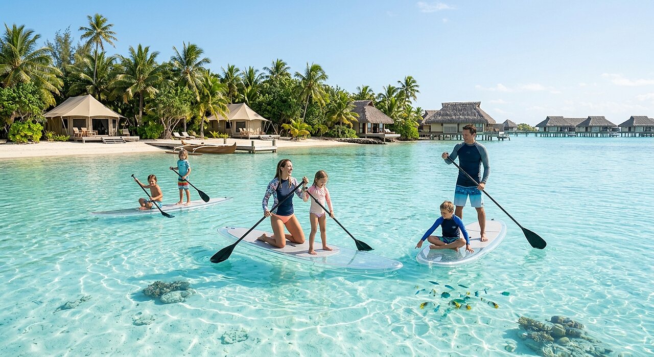 Familie beim Paddleboarding auf t�rkisfarbenem Wasser, tropischer Strand, auf Camping CAPFUN Joe Cook Island.