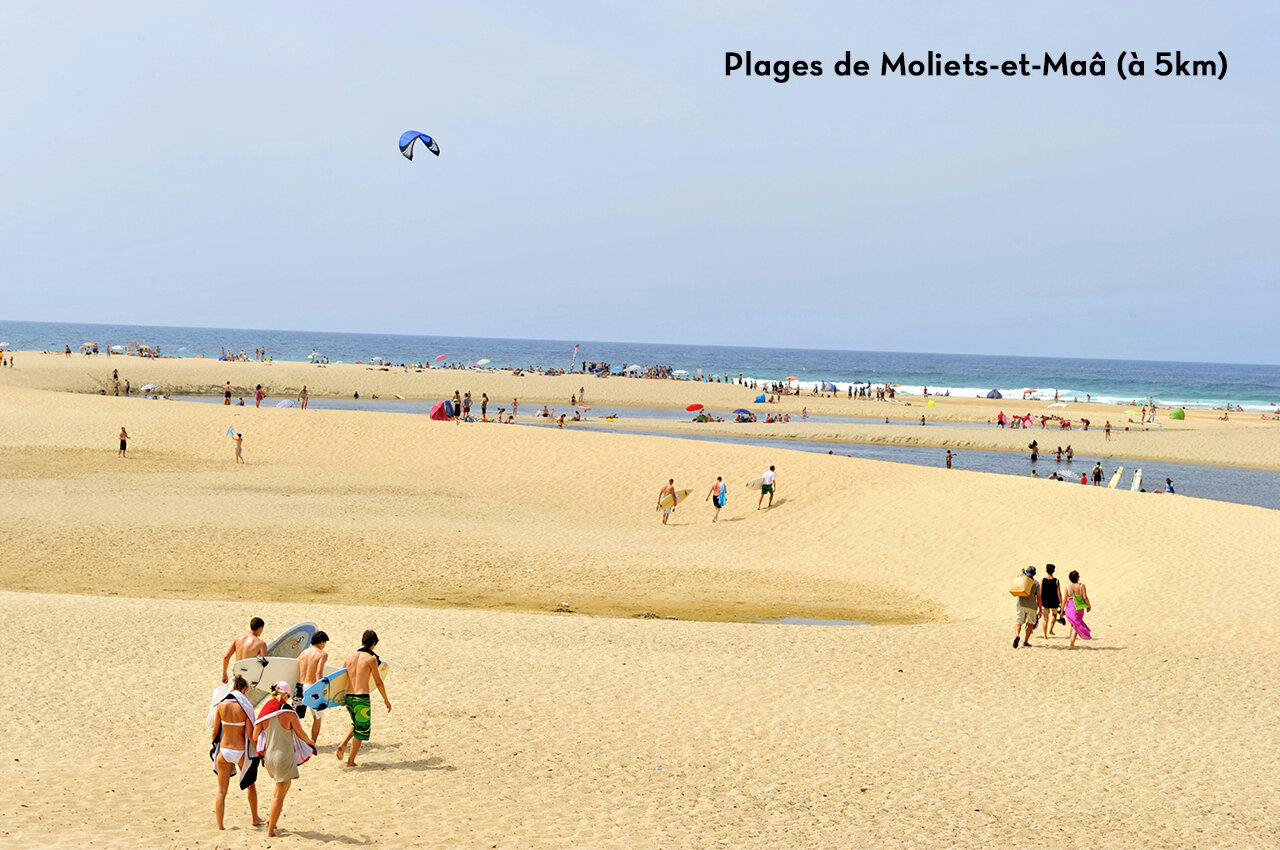 Stranden van Moliets-et-Ma�, Landes, met surfers en zwemmers, bezienswaardigheid.