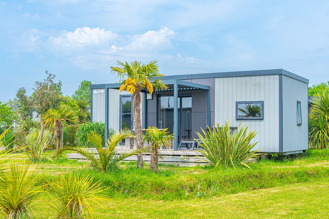 Modernes Mobilheim mit m�blierter Terrasse und Palmen auf dem Campingplatz VAGUES OCEANES Les Iles in Hudimesnil (50).