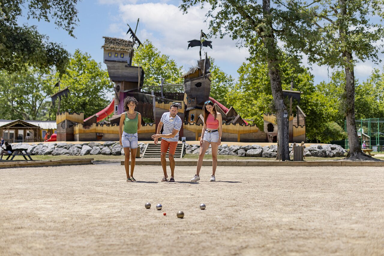 Petanque game, pirate playground at CAPFUN Lou Puntaou campsite in LEON (40).