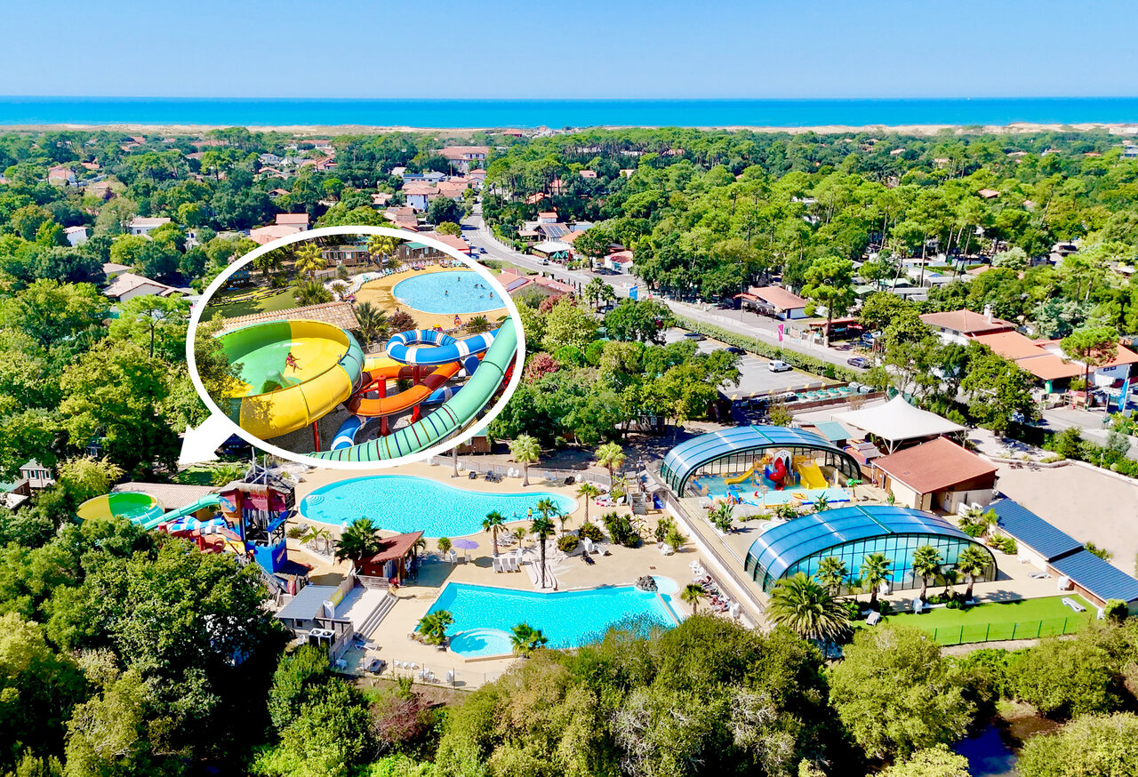 Water slides and outdoor pools with dome at CAPFUN Mer campsite in Labenne-Oc�an (40).