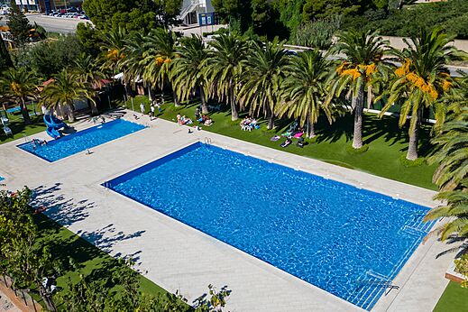 Piscines extérieures, toboggan aquatique et palmiers au camping CAPFUN Mirmanda (43).