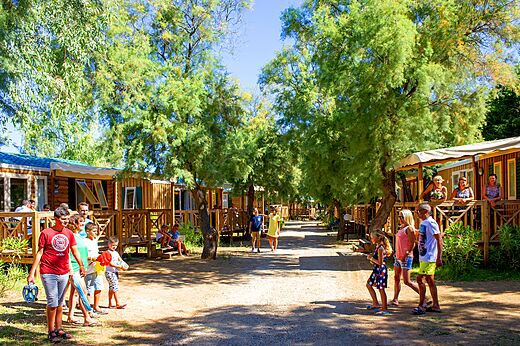 Schattige Allee mit Mobilheimen und Urlaubern auf dem Campingplatz CAPFUN La Nina in Agde (34).