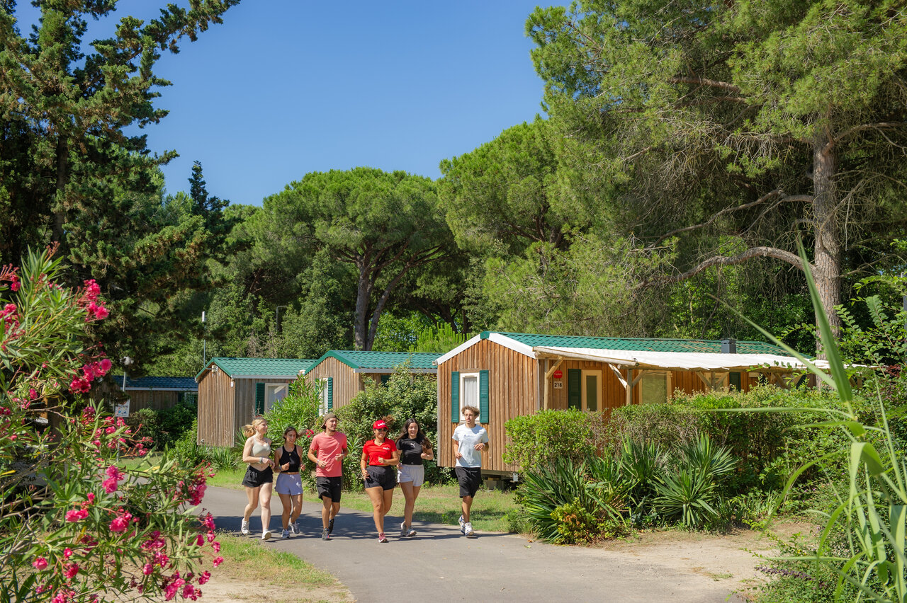 Junge Jogger und Holz-Mobilheime auf Camping CAPFUN Or, La Grande Motte (34).