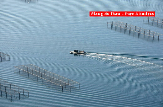 Etang de Thau en oesterpark met boot, nabij Sète in Occitanië.