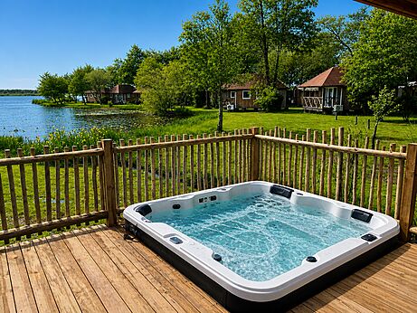 Außen-Whirlpool auf Holzterrasse auf dem Campingplatz CAPFUN Paillotte in AZUR (40).
